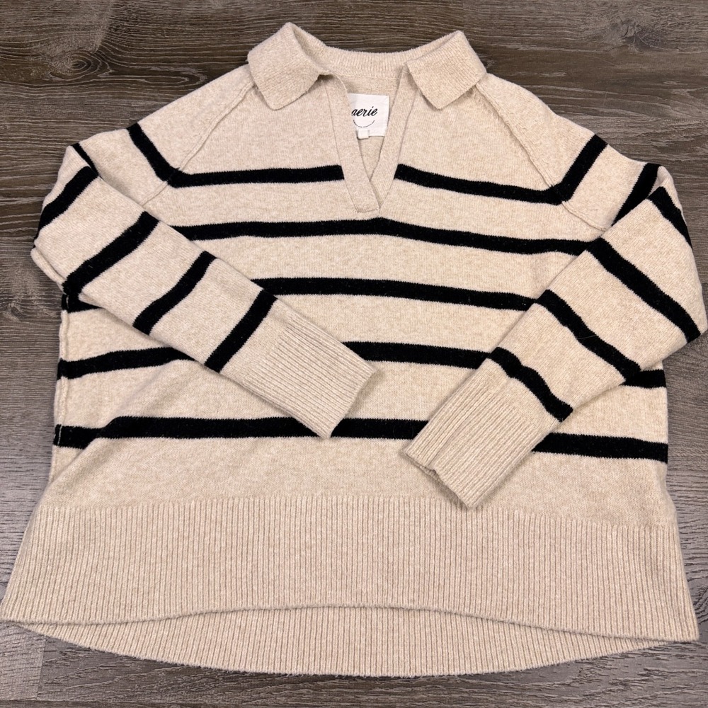 Aerie Womens unREAL Polo‎ Striped Oversized Sweater Size Small Beige Big Tag